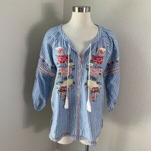 Paparazzi Womens Large Blue White Stripe Floral Embroidered Tunic Top Blouse